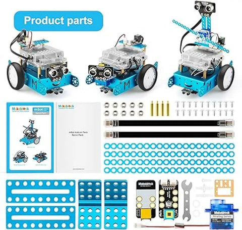 Interactive Light And Sound Three In One Add On Pack For Mbot With RGB LED And Light And Sound Sensors Lets You Turn Your Robot Into A Light Chasing Bot An Epic Desk Lamp A Scorpion Style Build Or Any Creative Project. product parts shown with mBot build components