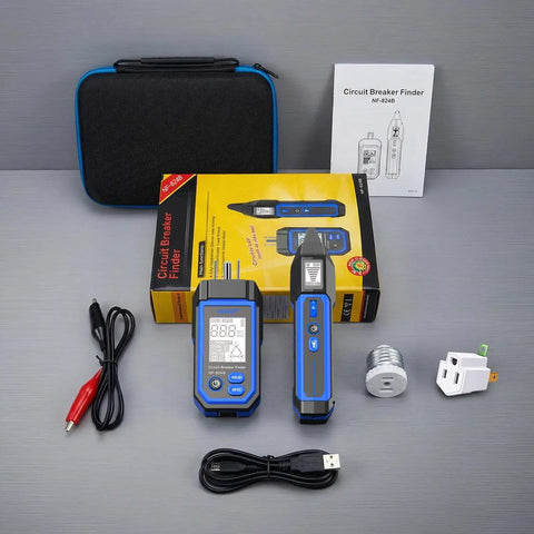 Dead Nuts Accurate Circuit Breaker Finder With Bright Lcd Display and Pro Grade GFCI Outlet Tester, accessories and packaging.