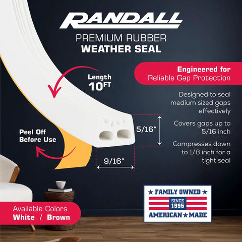 Peel And Stick Door And Window Weatherstrip Seal 9/16 Inch Wide 5/16 Inch Thick 10 Feet Long White EPDM Rubber Gasket Keeps Drafts Out