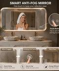 Smart anti-fog mirror displayed above Top Shelf 60 Inch Freestanding Bathroom Vanity With Dual Vessel Sinks Illuminated Led Mirror.
