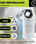 70uF Motor Run Capacitor For 450V AC Systems, Round Cylindrical Metallized Polypropylene Film With Two Leads, displayed next to pump
