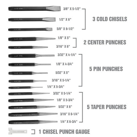 16 Piece Punch And Chisel Set With Pin Punches And Center Punches For Metalwork, Auto Repair And DIY Projects, includes sizes