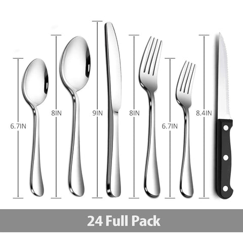 24 Piece Stainless Steel Silverware Set For 4 Dishwasher Safe Flatware Utensils With Knife Fork Spoon Steak Knife And Black Wire Mesh Storage Tray Included shown with dimensions.