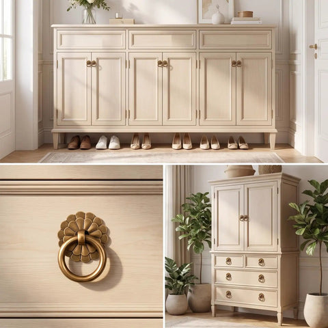 Six Piece Antique Brass Cabinet Ring Pulls Bringing A Flat Out Vintage Drop Ring Vibe To Your Kitchen Cabinets Ideal For Fast Furniture Refreshes And Smooth Daily Access on a light wood cabinet.