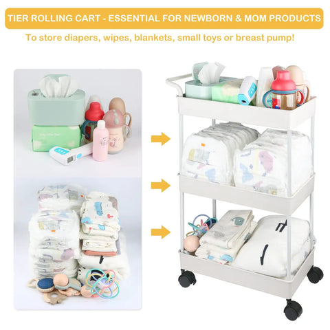 Beige Diaper Caddy Organizer with Movable Cart for Changing Table and Crib holding diapers, wipes, and baby essentials