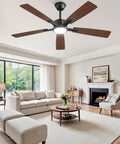 Slick 52 Inch Ceiling Fan With Flat Out Bright Light Smart App Control Dimmable Lamps in modern living room with wood blades.