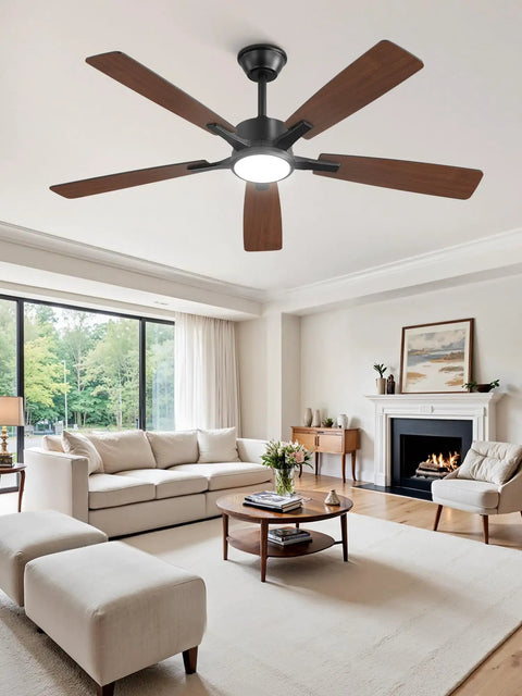 Slick 52 Inch Ceiling Fan With Flat Out Bright Light Smart App Control Dimmable Lamps in modern living room with wood blades.