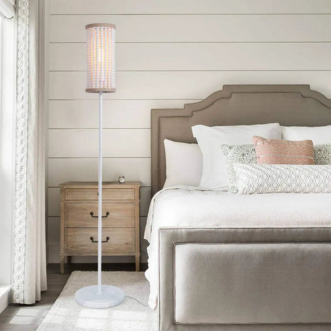Boho Chic Floor Lamp With White Wood Beaded Shade for Bedroom, Living Room, and Girl Room, Hand Rope Knot Accent, 59 Inch Tall