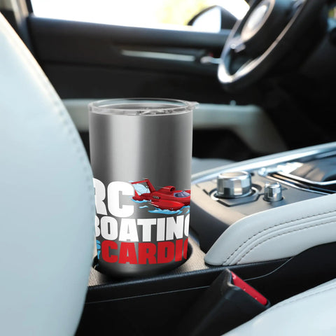 Boating Is My Cardio Insulated Stainless Steel Tumbler with clear slider lid on car console