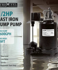 Heavy Duty Cast Iron Submersible Sump Pump 1/2 HP 3600 GPH Workhorse With Vertical Float Switch 1 1/2 Inch NPT Discharge