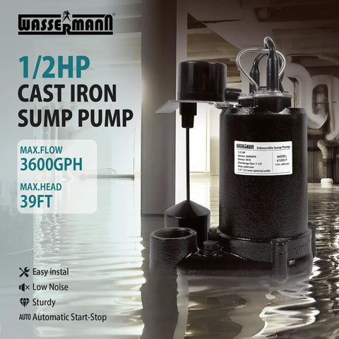 Heavy Duty Cast Iron Submersible Sump Pump 1/2 HP 3600 GPH Workhorse With Vertical Float Switch 1 1/2 Inch NPT Discharge
