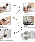 Process of making coffee with Reusable Coffee Filter Capsules Set For Nespresso Original Machines, including stainless steel pods.