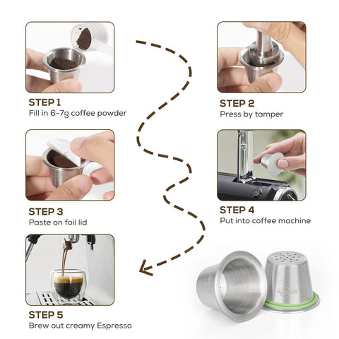 Process of making coffee with Reusable Coffee Filter Capsules Set For Nespresso Original Machines, including stainless steel pods.