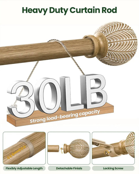 Boho Wood Curtain Rod Set 1 Inch Adjustable From 36 To 88 Inches With Imitation Wood Grain Leaf Finials supporting 30 lbs load