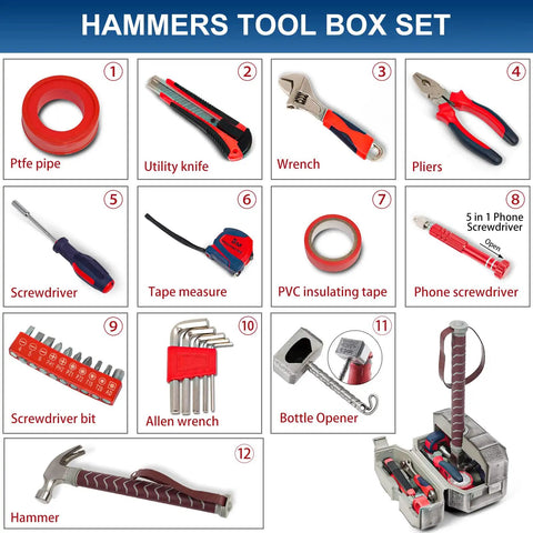 Image showing Thor Hammer Tool Set For Home Repair And DIY Projects A Dope Multifunctional Hand Tool Box That Feels Like Real Power Perfect Marvel Gift For Fans And DIYers Great Holiday Gift For The Do It Yourself Crowd, including hammer, pliers, wrench, utility knife, tape measure, screwdriver, bit set, and Allen wrenches.