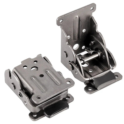 Heavy Duty Foldable Self Locking Hinges 8 Pack With Mounting Hardware shown from side angle with spring mechanism and metal finish.