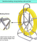 Heavy Duty Fiberglass Fish Tape 425 Ft 6MM Duct Rodder with brake and copper tips on a steel frame with close-up of braking device.