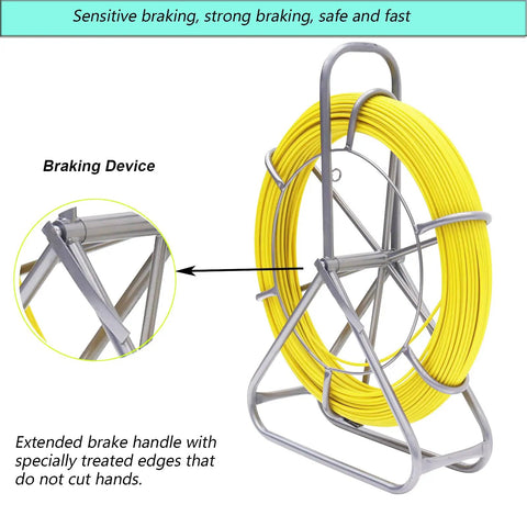 Heavy Duty Fiberglass Fish Tape 425 Ft 6MM Duct Rodder with brake and copper tips on a steel frame with close-up of braking device.