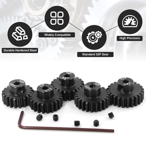 32P Pinion Gears Set 20T 21T 22T 23T 24T For 3.175mm Shaft RC Cars, 1/10 Scale Short Course Drift Rally, Hardened Steel 0.8 Mod Pinions Built Tough For Brushed Motors