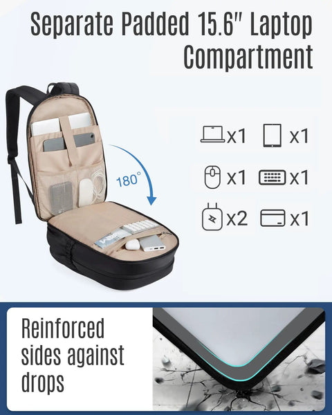 Open view of Travel Backpack For Women With 15.6 Inch Laptop Compartment And USB Charging Port showing organized compartments.