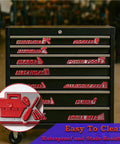 Pro Grade Magnetic Tool Box Labels Kit 12 Pack With Strong Magnets For Metal Tool Chests And Cabinets Reusable 3D Raised Drawer Labels Gray Background With Red Text Perfect Garage Organization installed on tool chest drawers