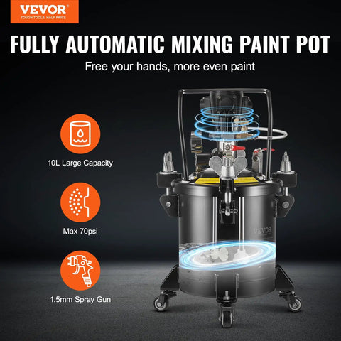 No Sweat Automatic Stirring Spray Paint Pressure Pot Two Point Five Gallon Air Powered Paint Mixer Tank with 10L capacity.