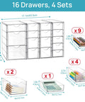 Crystal Clear 16 Drawer Acrylic Organizer Set For Office Supplies, Makeup, Jewelry And Craft Storage with dimensions shown.