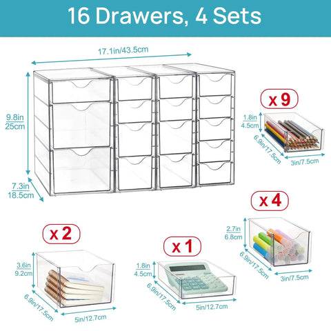Crystal Clear 16 Drawer Acrylic Organizer Set For Office Supplies, Makeup, Jewelry And Craft Storage with dimensions shown.