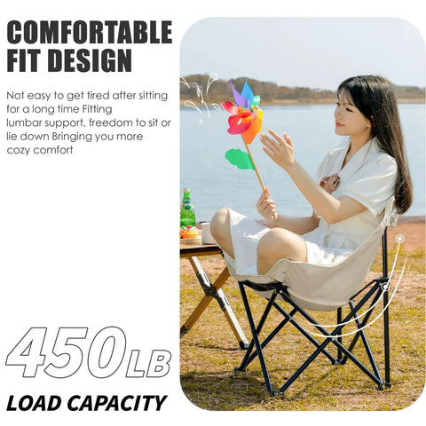 Ultralight Folding Camping Chair With 450 Pound Capacity For Outdoor Adventures Beach Or Campground Off White Durable Steel Frame Easy Set Up And Portable For Adults On The Go For Kick Back Comfort with woman sitting outdoors