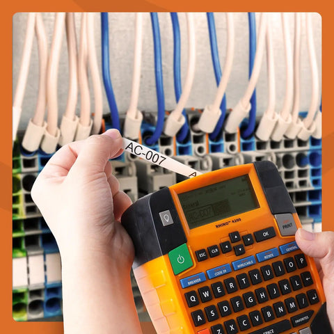 Heavy Duty 3/4 Inch Heat Shrink Label Tubes 18057 used for labeling cables with Rhino label maker in electrical setup.