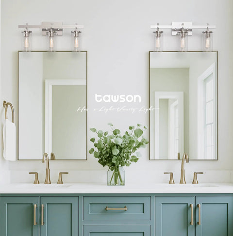 Modern Farmhouse Three Light Vanity Light With Clear Glass Shades In Brushed Nickel For Bathroom Hallway Entryway Kitchen Mirror And Laundry Room Must Have For Any Modern Bathroom Or Powder Room And Hallway Decor