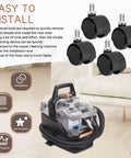 Self Cleaning Hose Tool And Four Pack Castor Wheels For Little Green HydroSteam Carpet Cleaners 3605 3618 3532 Replacement Part 1638909 Durable Castors For Stable Movement And Easy Installation displayed next to a portable carpet cleaner