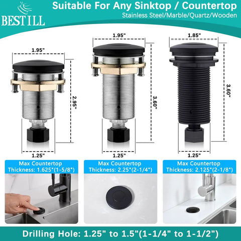 All In One Garbage Disposal Air Switch Kit For Sink Top With Single Outlet Matte Black 3.6 Inch Push Button Brass Cover UL Listed