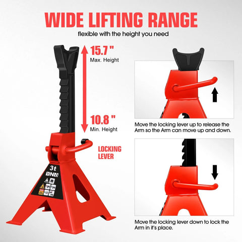 Front view of DNA Motoring 3-ton jack stand, red base with black adjustable post and locking lever