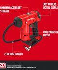 V20 Cordless Tire Inflator And Portable Air Compressor With Digital Pressure Gauge Up To 150 Psi features labeled parts