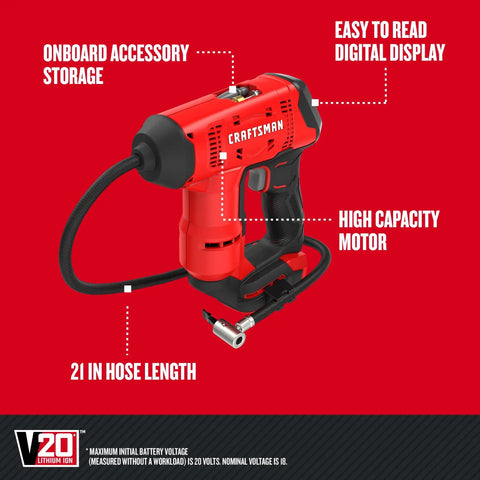 V20 Cordless Tire Inflator And Portable Air Compressor With Digital Pressure Gauge Up To 150 Psi features labeled parts