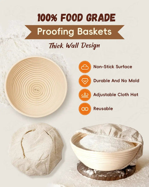 Complete Sourdough Starter Kit For Beginners And Bakers With Round Banneton Proofing Basket and cloth cover displayed.