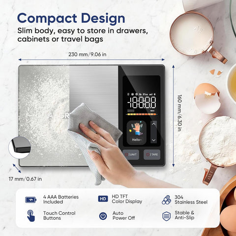 Digital Kitchen Scale With Nutrient Calculator And Bluetooth App Tracking 24 Nutrients For Meal Prep And Weight Loss Premium Stainless Steel Food Scale Supports Calorie And Macro Tracking In Grams And Ounces 11lb Capacity showing compact design