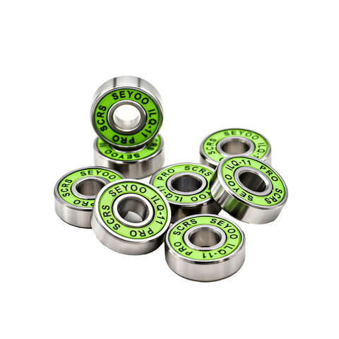 8Pcs 608-2RS Skateboard Bearings With Green Covers Ultimate ILQ-11 Standard showing green shielded ball bearings for roller skates.