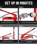 Setup steps for Heavy Duty 6 Ton Hydraulic Ram Jack And Pump Kit for Auto Body Repair and Frame Straightening, showing assembly process.