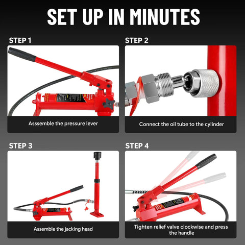 Setup steps for Heavy Duty 6 Ton Hydraulic Ram Jack And Pump Kit for Auto Body Repair and Frame Straightening, showing assembly process.
