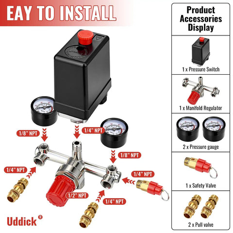Adjustable 90-120 PSI Air Compressor Pressure Switch Valve With 0-180 PSI Gauge And Vertical Manifold Regulator kit