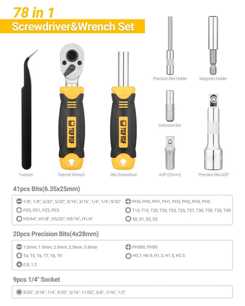 78 PCS Precision Screwdriver Set All In One With Socket Bits And Ratcheting Wrench, tools displayed against white background.