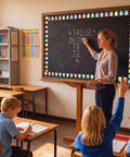 Teacher using blackboard with 65 Ft Long Backpack Bulletin Board Border Adorbs With Polka Dot Pastel Confetti Design in classroom