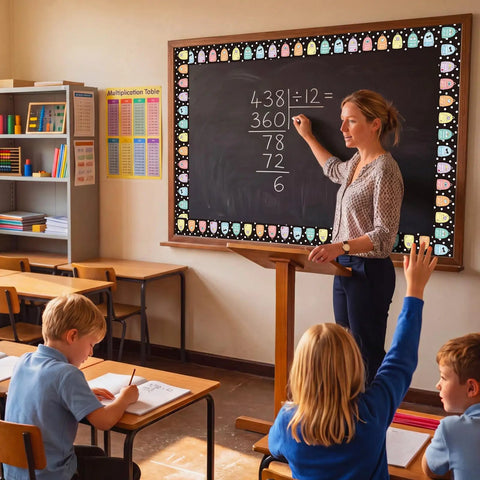 Teacher using blackboard with 65 Ft Long Backpack Bulletin Board Border Adorbs With Polka Dot Pastel Confetti Design in classroom