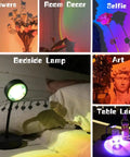 Sunset Lamp Projector With RGB LED Lights, 360 Rotating Mood Light For Bedroom, App And Remote Control, showing mood lighting effects on flowers, room, selfie, art, bedside, and table settings.