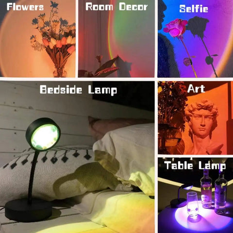 Sunset Lamp Projector With RGB LED Lights, 360 Rotating Mood Light For Bedroom, App And Remote Control, showing mood lighting effects on flowers, room, selfie, art, bedside, and table settings.