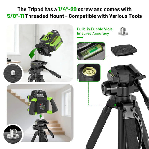 68 Inch Adjustable Laser Level Tripod With One Quarter And Five Eighth Inch Mounts Heavy Duty Portable Stand 3 Way Pan Head With 360 Degree Rotation And 90 Degree Tilt Built In Bubble Level Phone Holder Ideal Dad Gift showing 1/4-20 and 5/8-11 mounts