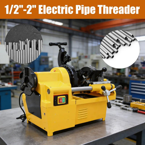Built Different Heavy Duty Electric Pipe Threader Threading Machine With Self Oiling System And NPT BSP Dies For Precision Threading Trimming And Cutting 220V Power Beast on workbench with various pipe sizes.