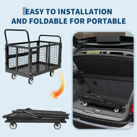 Heavy Duty Platform Cart With Detachable Cage 39 By 24 Inch Hand Truck, 2000 Lbs Capacity, Multi Functional Cage Cart For Warehouse And Luggage Moving, Foldable Fence Design For Easy Storage And Boss Level Versatility. Folded for car trunk storage